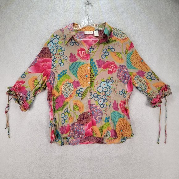 Caviar Tops - Y2K Caviar Mother of Pearl Floral Collar Maximalist Ruffle Sleeve Button Blouse